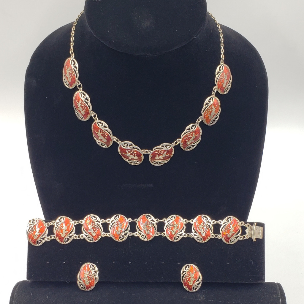 Vtg Siam Silver Sterling Jewelry Set Red